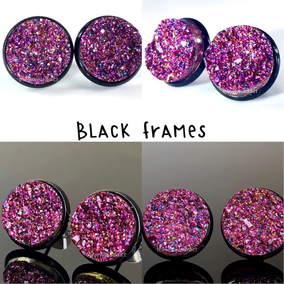 3 for 15🎀magenta glitter faux Druzy silver studs - Picture 7 of 14